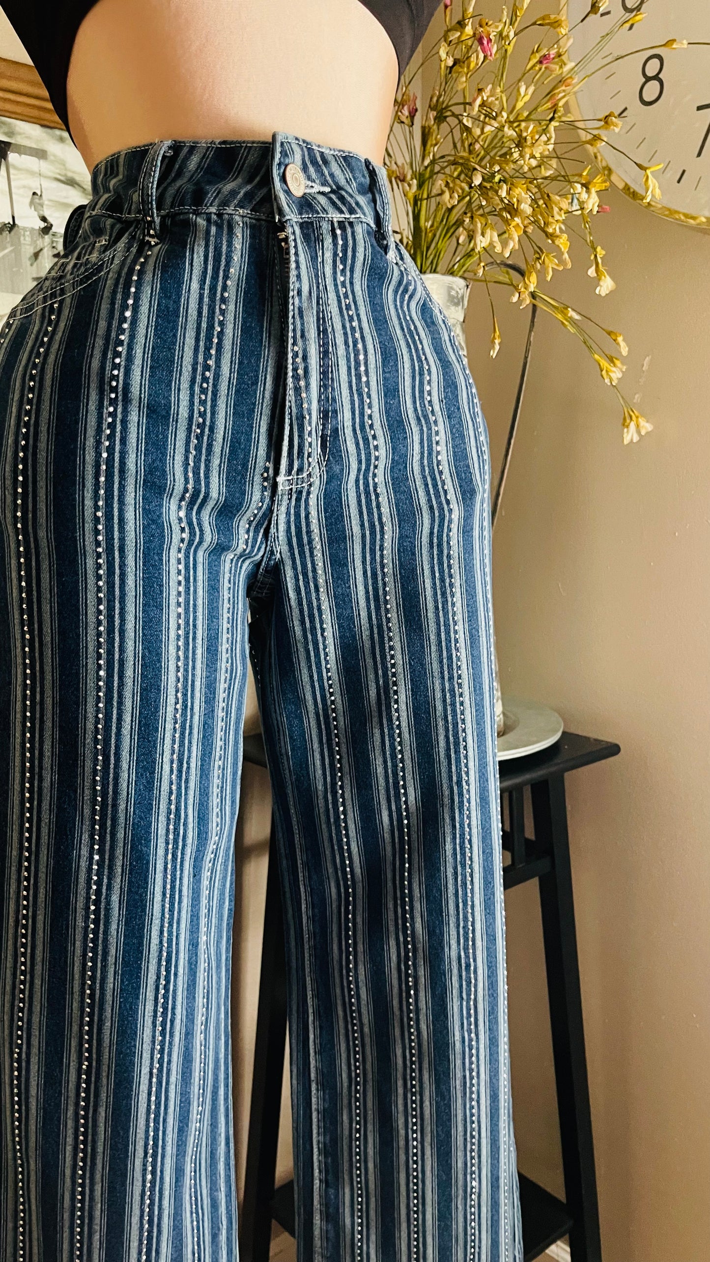 WIDE LEG W/ STRIPES- RHINESTONES