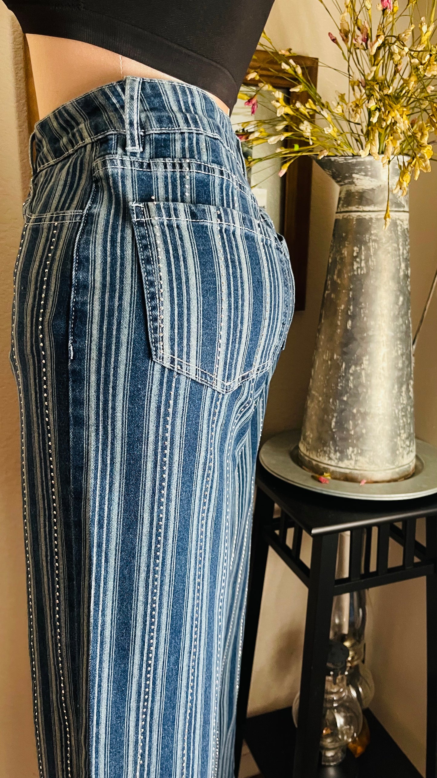 WIDE LEG W/ STRIPES- RHINESTONES